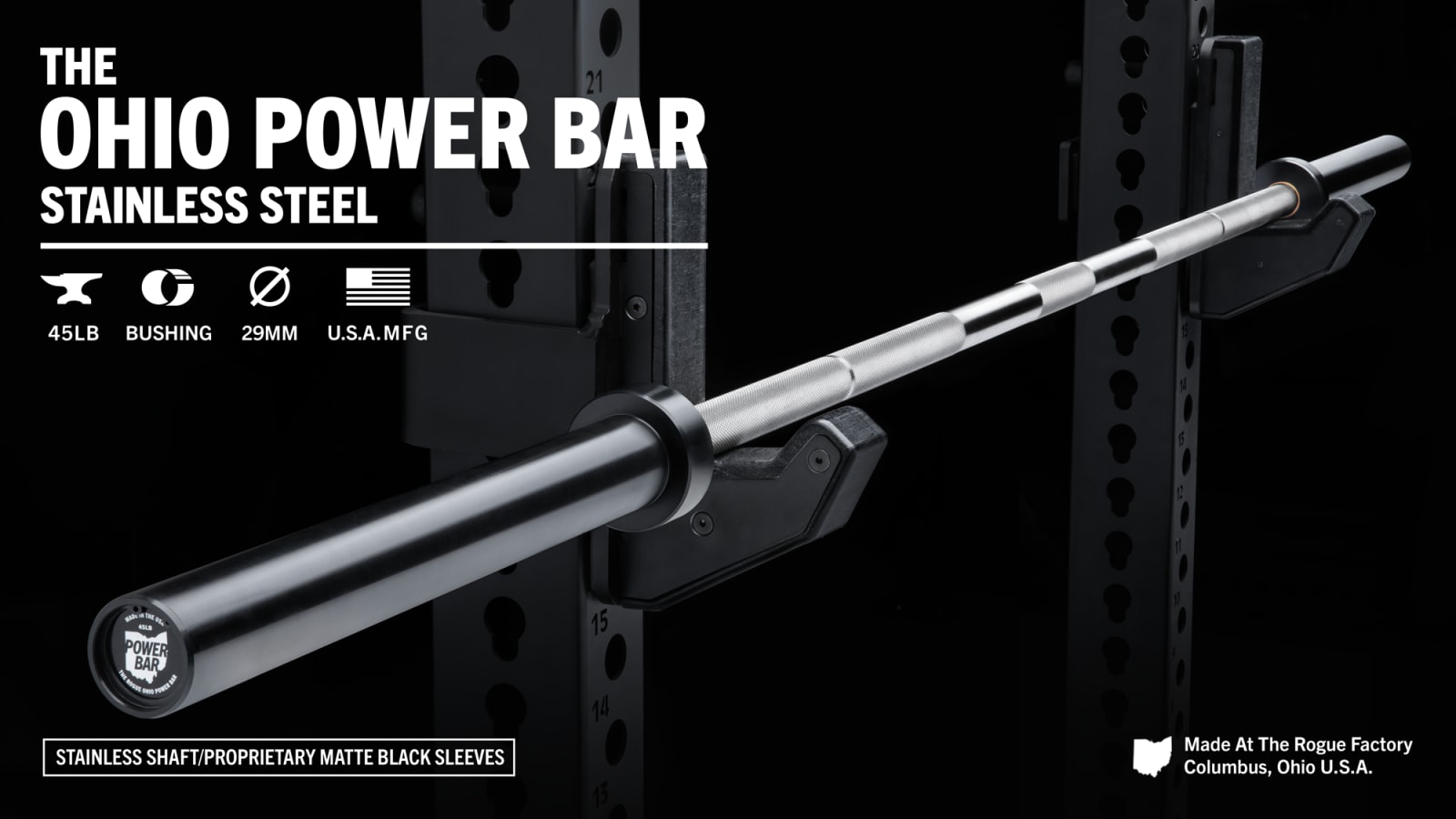 Rogue 45LB Ohio Power Bar Stainless / Black Rogue Fitness